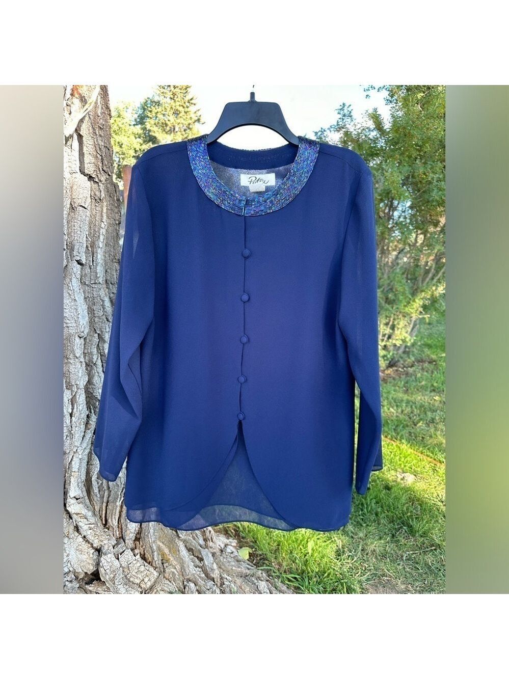 Patra Beaded Navy Blue Chiffon Formal Suit Jacket Womens Size 12 Mother of Bride